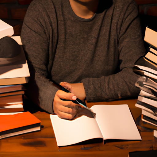 תמונה של אדם יושב ליד שולחן, אוחז בעט ופנקס, מוקף בערימות של ספרים.