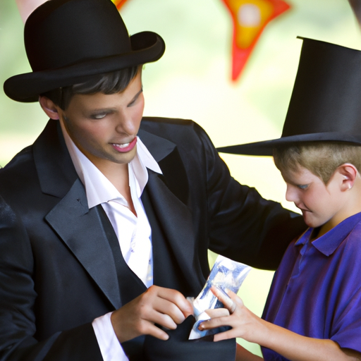 קוסם מבצע טריק עם ילד במסיבת יום הולדת