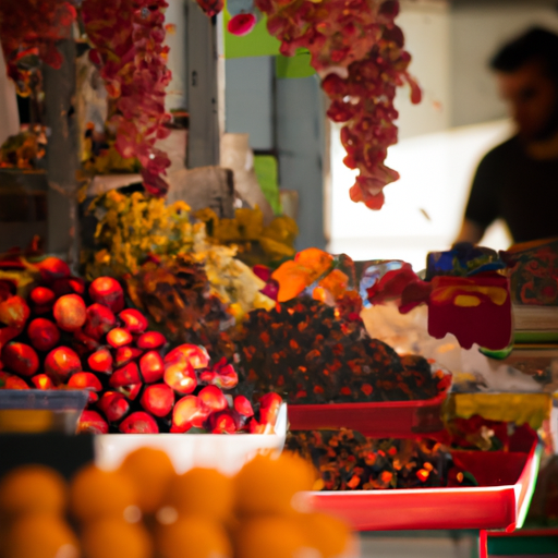 A vibrant scene of a traditional market in Tel Aviv, illustrating the blend of cultures.