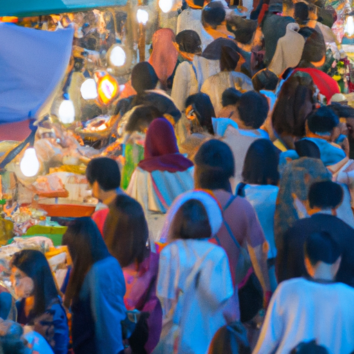 שוק לילה הומה בצ'אנג מאי עם דוכני אוכל ומוצרים שונים.
