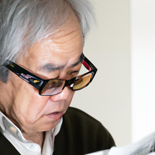 גבר מבוגר המרכיב משקפי קריאה אופנתיים בזמן קריאת עיתון