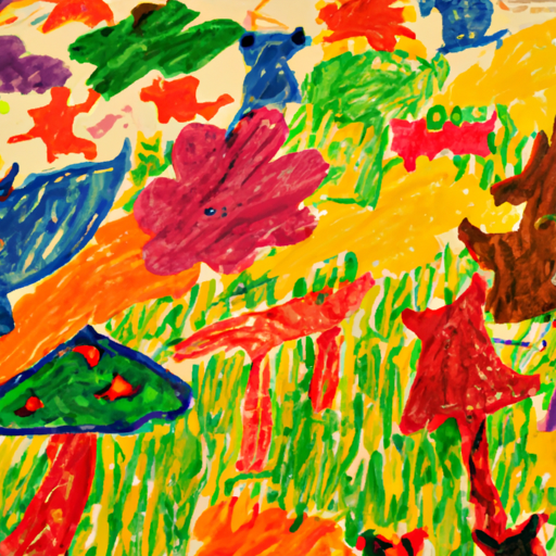 תמונה של יצירת אמנות צבעונית של ילד המתארת סצנה מורכבת, הממחישה את היצירתיות הכרוכה בצביעה.