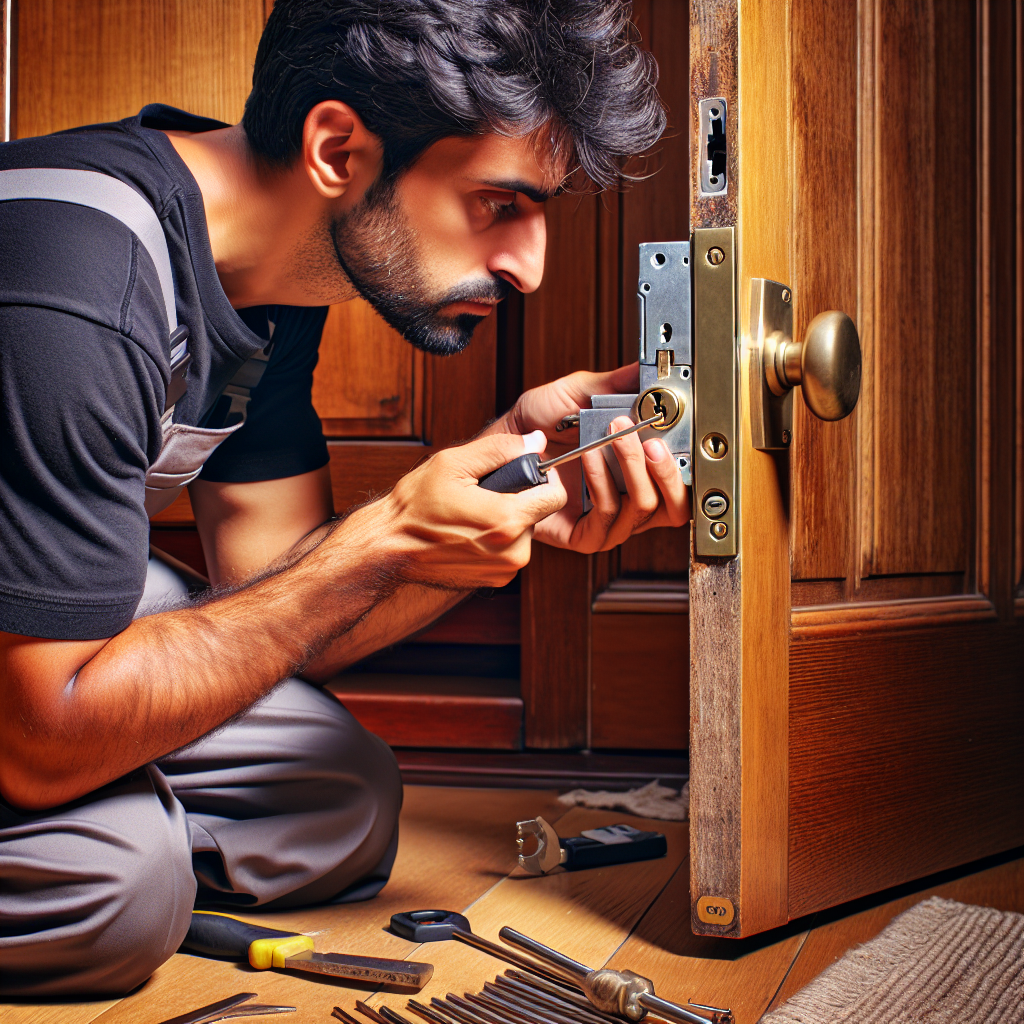 תמונה של מנעולן מקצועי בפעולה, מתקין מנעול חדש על דלת לקוח.
